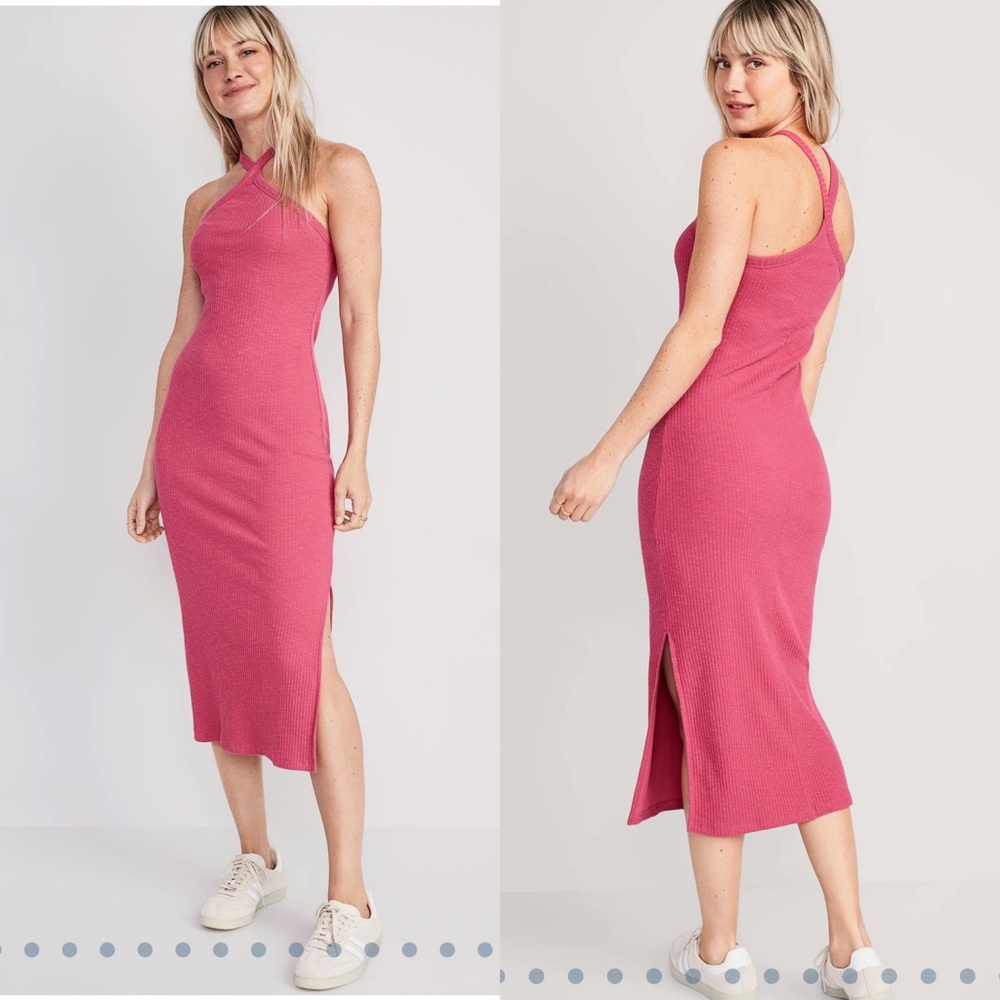 Pink Ribbed Knit Midi Dress